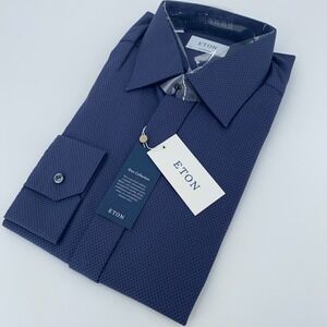Eton Dress Shirt Men XL 17 - 43 Navy Patterned Poplin Contemporary Fit Button Up